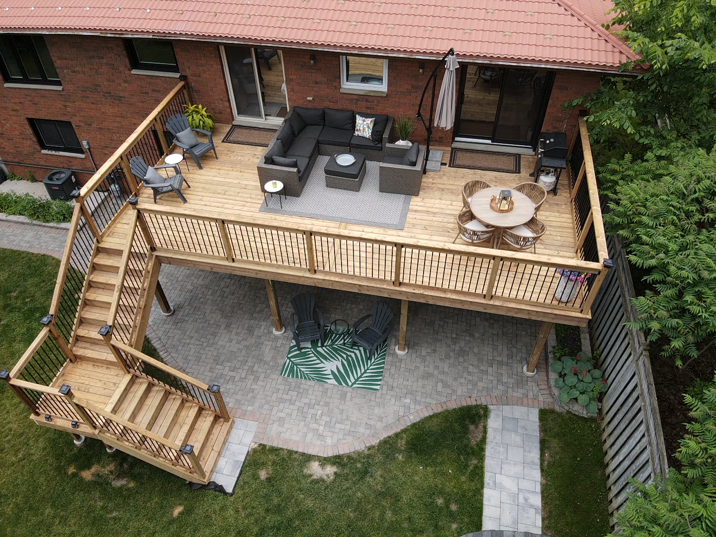 Elevated wooden deck with patio furniture