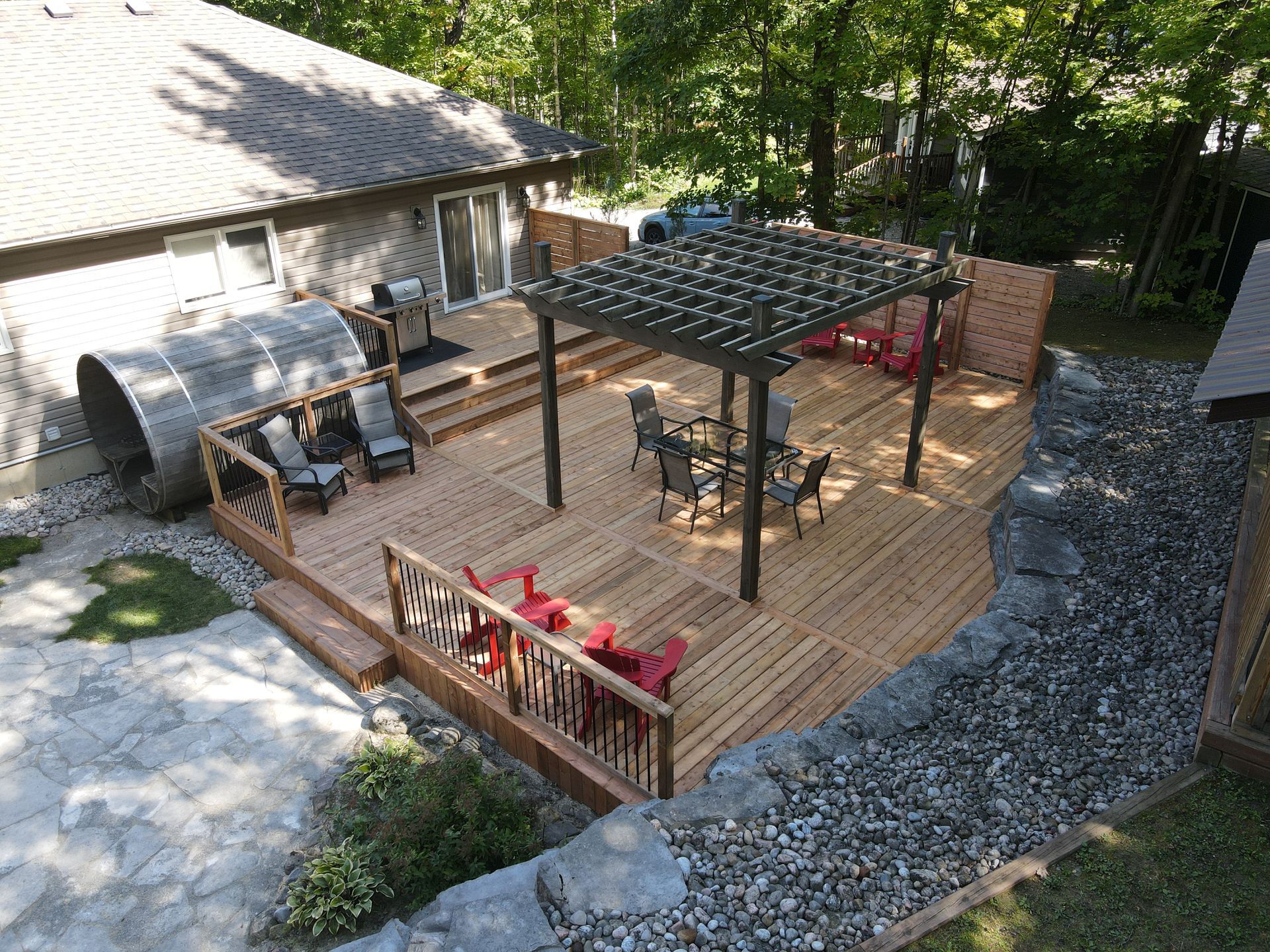 Pressure-treated wooden deck with stairs